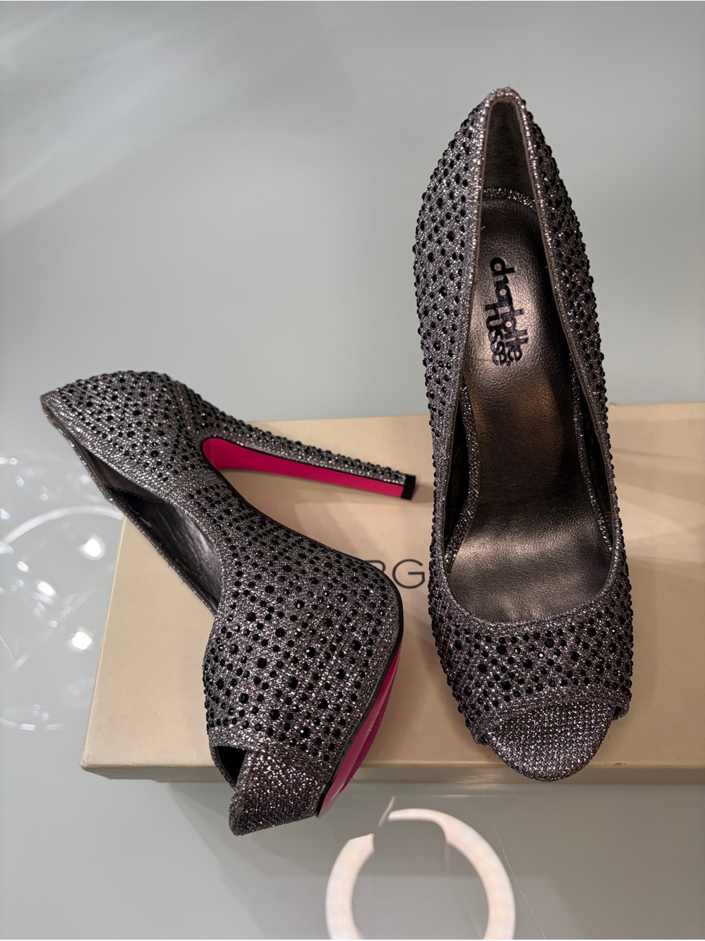 Charlotte Russe Gunmetal Crystal Peep-Toe Heels with Pink Sole 7